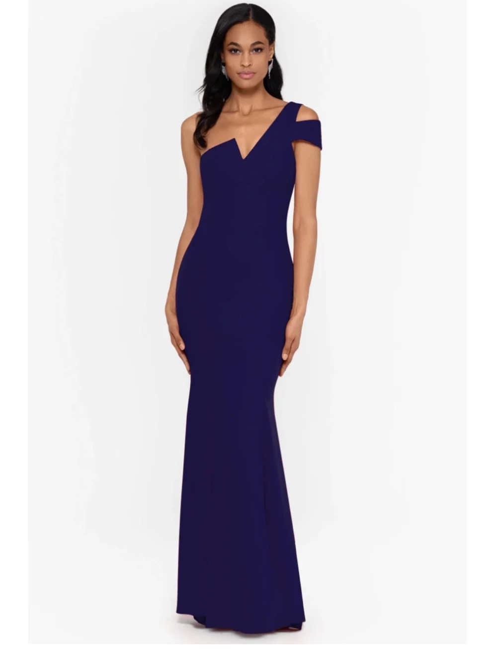 Betsy & Adam One-Shoulder Navy Blue Mermaid Gown